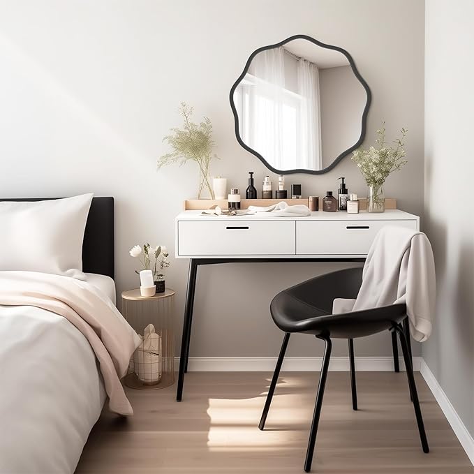 WallBeyond Round Wavy Mirror for Wall Decorative 20 inch, Modern Round Mirror Aluminum Frame for Bathroom Bedroom Living Room Home House Office Entryway, Black