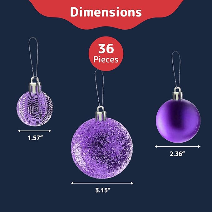 PREXTEX 36-Piece Purple Christmas Ornaments Set - Shatterproof Plum Xmas Tree Balls - 6 Styles, 3 Sizes with Hanging Loops to Decorate Christmas Tree Ornaments for Indoor and Outdoor Holiday Decor