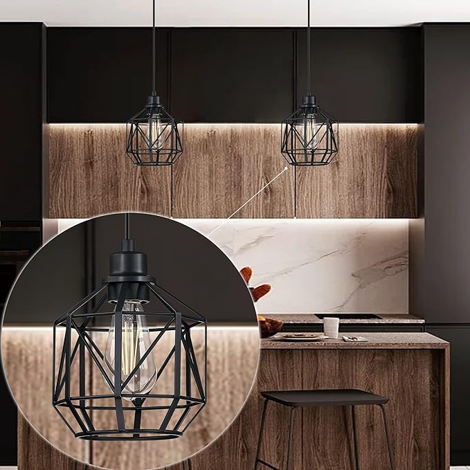 Leading Lighting 3 Pack 1 Light Vintage Hanging Pendant Light Fixture,Farmhouse Lantern Cage Pendant Ceiling Lights with Black Finish for Kitchen Island Dining Restaurant Room Hallway Hotel Bar