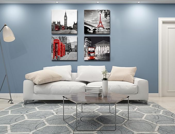 Black and White City Landscape Wall Art for Bedroom Red Street Scenery Canvas Decor for Bathroom Paris Eiffel Tower Pictures Prints London Big Ben Artwork Poster for Living Room Office Decoration