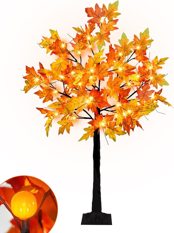 4FT Fall Lighted Maple Trees with 48 LEDs Lights 12 Pumpkins Fake Fall Light Up Tree Artificial Autumn Maple Trees for Indoor Outdoor Thanksgiving Fall Decor