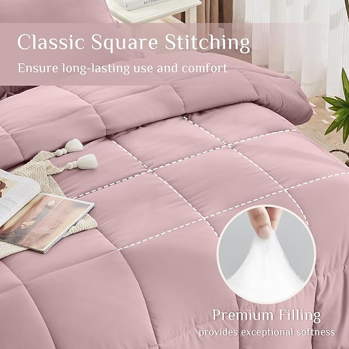 JOLLYVOGUE California King Comforter Set, Ultra-Soft Bed in a Bag Cal King Size 7 Pieces, Oeko-TEX Certified Bedding Set with Down Alternative Comforter, Sheets, Pillowcases & Shams, Camio Pink