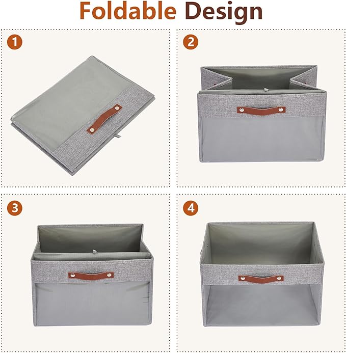 Extra Large Storage Baskets with Clear Window, See Through Closet Organizer with PU Handles, Linen Foldable Storage Bins for Organizing Clothes, Toys, Books (Gray)