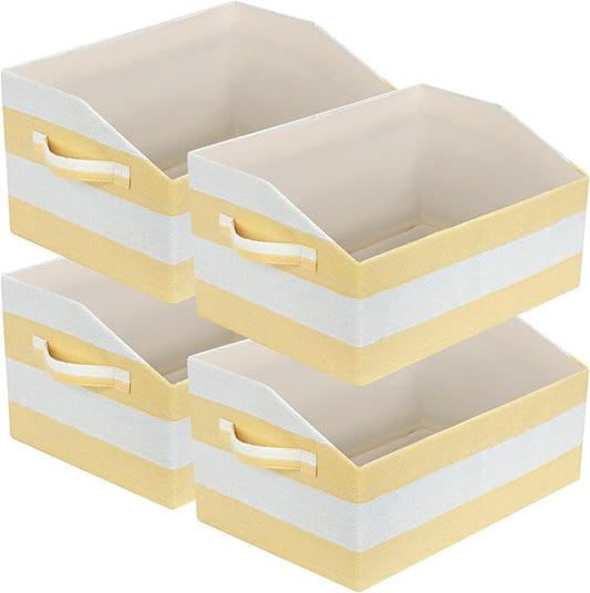 Linen Closet Organizers and Storage, Trapezoid Fabric Bins, Home Office Organization Baskets Striped Collapsible Box with Handles for Clothes, Blanket, Books, DVD, 4 Pack, Yellow/White
