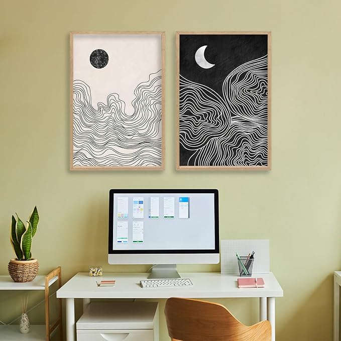 Black and White Sun Moon Boho Wall Art 16"x11" 2 Pieces Wooden Framed Mid Century Abstract Minimalist Home Sign for Living Room Bedroom Office Neutral Wall HangIing Decor (Wood)