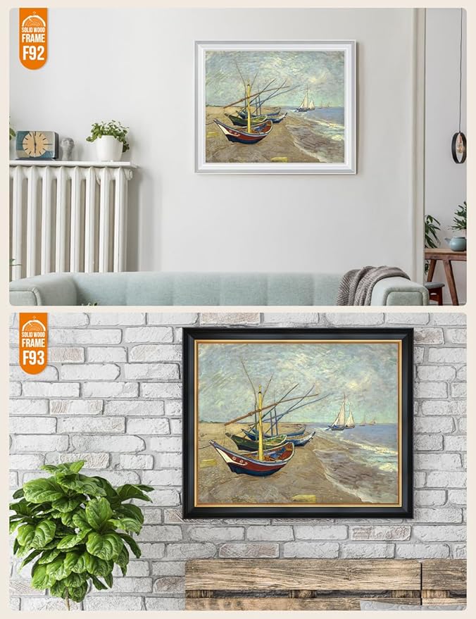 DECORARTS - Boats At Saintes Maire - Vincent Van Gogh Giclee Prints w/Antique Brown Frame for Wall Decor. Picture Size: 20x16, Total Size w/Frame: 23x19
