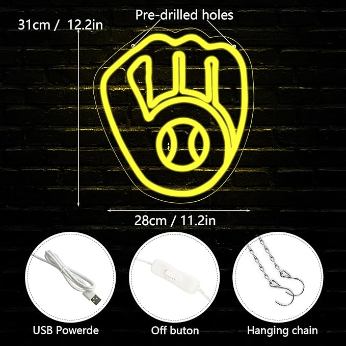 Balanar Baseball Neon Signs for Garage or Man Cave Decor, Gifts With Milwaukee Basebll or Rugby Team Logo, Yellow Baseball Neon for Parties, Bars,Dorms, Office Wall Art and Game Room Decor