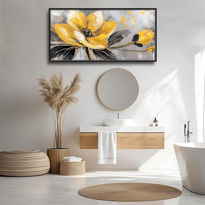 Framed Large Wall Art for Living Room, Yellow Floral Canvas Wall Decor, Gold Flower Pictures Painting, Natural Landscape Artwork for Living Room Bedroom Office 60L'' × 30W''