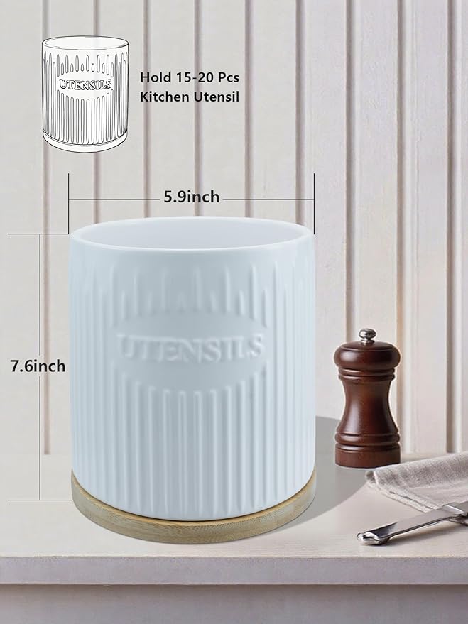 360° Rotating Utensil Holder, 7.6" Large Ceramic Kitchen Utensil Holder for Countertop with Bamboo Base, Stable Utensil Organizer, Farmhouse kitchen Decor, White