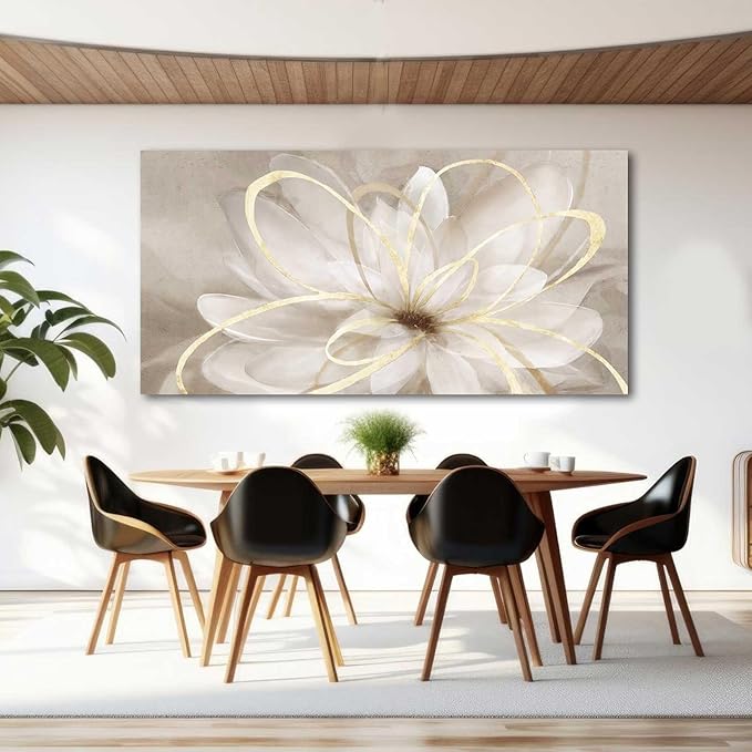 Kureful Large Painting Flower Canvas Wall Art for Living Room 30"x60" Gold Wall Decor Line Art Picture Wall Decor for Girls Bedroom Dining Room Kitchen
