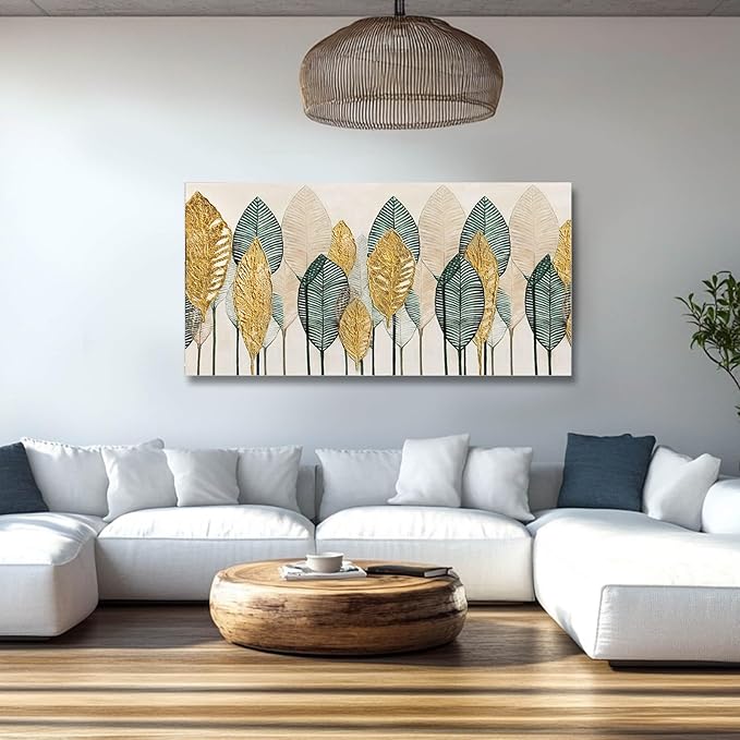 CHUDANHAO Green Wall Art Gold Wall Decor Leaves Prints Pictures Textured Bedroom Decor Line Painting Green Paintings Wall Decorations 24”x48” Artwork for Living Room Dining Room