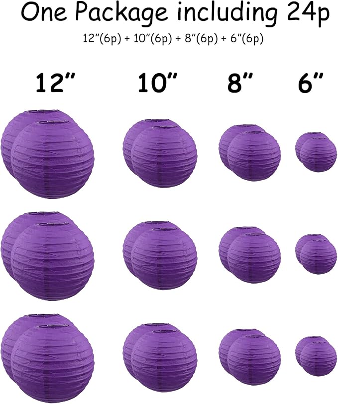 Handmade Decorative Chinese Japanese Hanging Paper Lanterns 24pcs Assorted Sizes 6", 8", 10", 12" Mixture Colors Decoration for Home, Weddings and Parties Lanterns (All Purple)