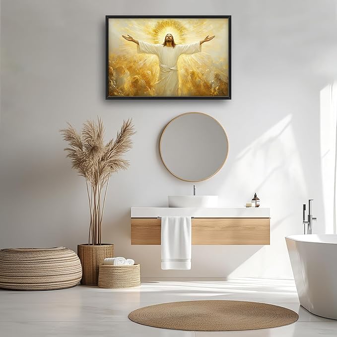 Jesus Framed Wall Art for Living Room, Large Christ Canvas Wall Decor, Jesus Golden Light Pictures Painting, Modern Artwork for Bathroom Bedroom Office 36L'' × 24W''