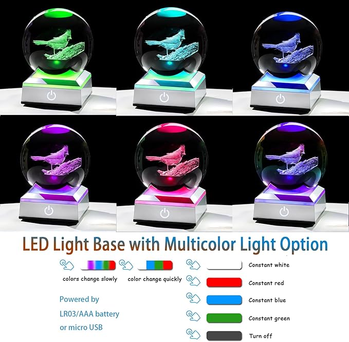 Cardinal Gifts for Women, Mom - 3D Crystal Ball 3.15in with Multicolor Led Light Base - Gifts for Daughter, Sister - Christmas Cardinal Statue Night Light Table Home Decor