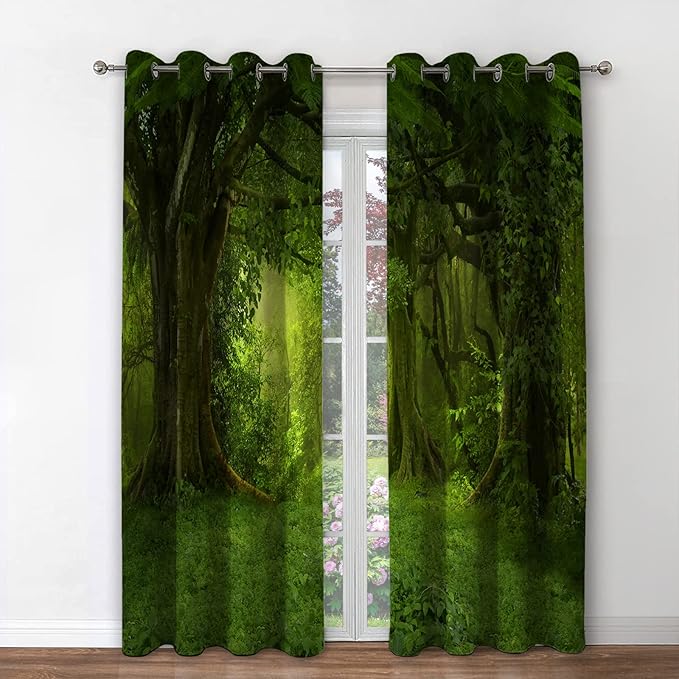Jekeno Forest Blackout Curtains Tropical Jungle Green Trees Foliage in The Woodland Himalayas Landscape Nature Decor for Bedroom Living Room Grommet Window Drapes 2 Panel Set, 42"x84"