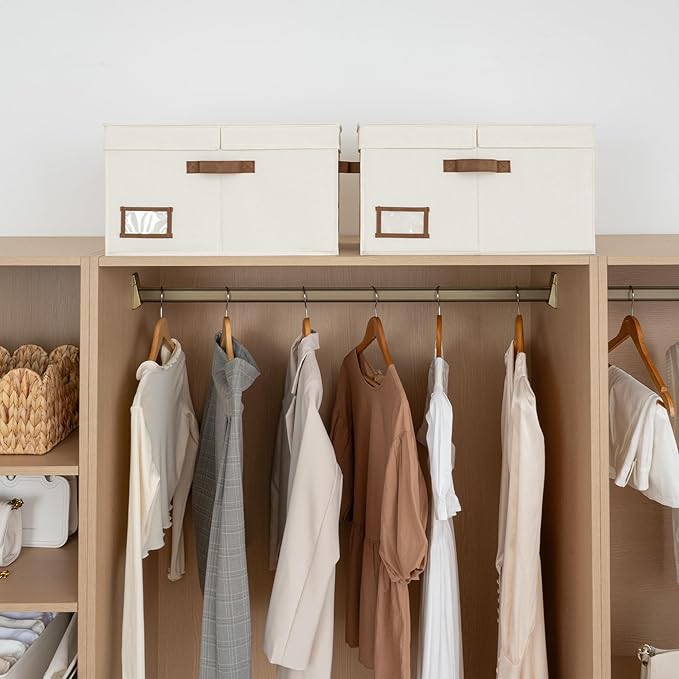 StorageWorks Large Clothes Storage Bins, Fabric Boxes with Divider Board, Baskets for Clothes, Linen Closet Organizers with Lid, Ivory White, 2-Pack