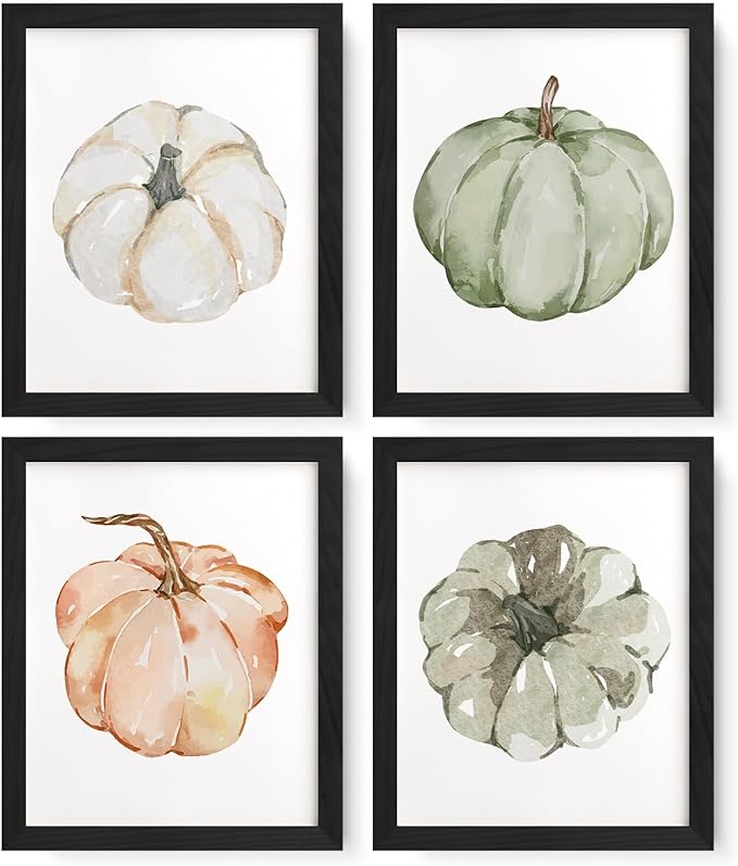 JXREQ 4Pcs Pumpkin Fall Wall Art Decorations for Home, Fall Pumpkins Decor, Autumn Wall Decor for Kitchen Bathroom Bedroom Living Room Office, 8x10 Inch Unframed