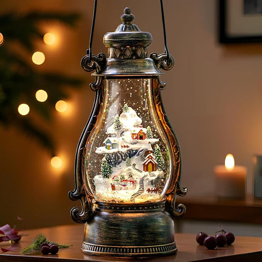 14.2" Christmas Village Buildings Tall Snow Globe Lantern Water Glittering Snowman Family with Music & Timer, USB Lined/Battery Operated Lighted Lantern for Christmas Festival Decoration Gifts