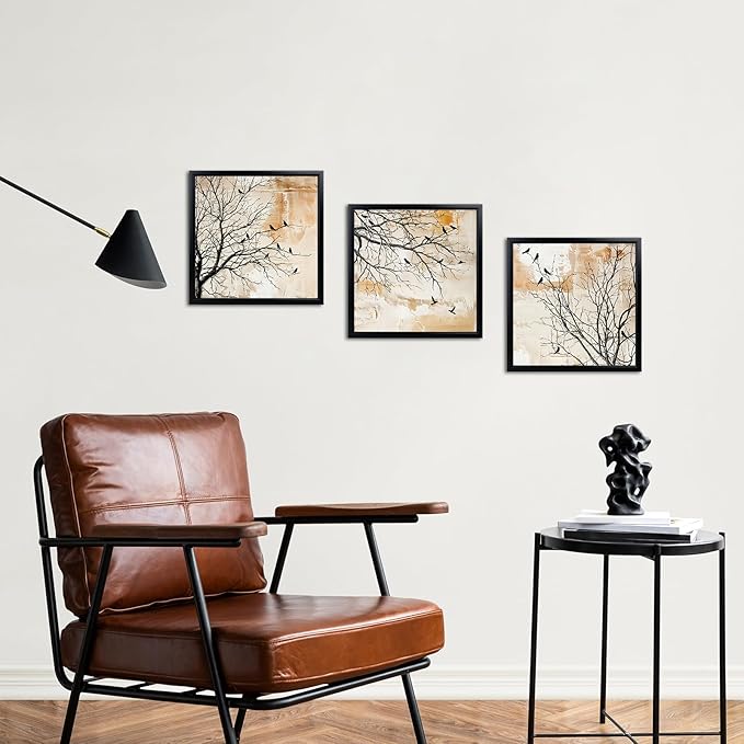 LoveHouse Bird on Tree Branch Canvas Wall Art, Black Framed Canvas Prints, Bird Pictures Wall Decor Modern Nature Decor for Home Office Hallway 12x12 Inchx3 Pcs