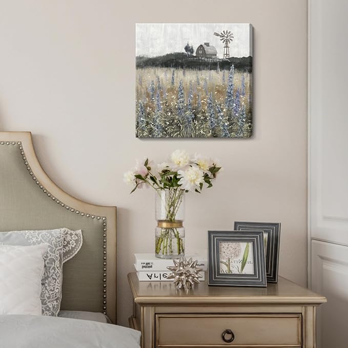 Bathroom Wall Art Vintage Farmhouse Canvas Print Retro Countryside Flower Field Nature Meadow Landscape Rustic Windmill Barn Picture Framed Artwork for Home Bedroom Living Room Black Purple 14x14inch