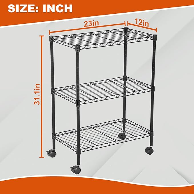 PayLessHere | 3-Tier Wire Shelf with Wheels | 23"x13"x31" | Black | Adjustable Racks | Heavy-Duty Storage Shelves, Holds Upto 170 lbs | Rust-Resistant, No-Tool Assembly | for Home, Garage Shelving