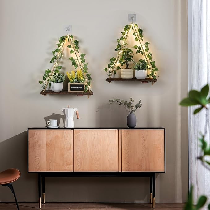 Floating Shelves for Wall No Drilling,Wall Dcorations Art,Hanging Shelf,Leaves and Light Strip with Flower,Set of 2 Plant Decor for Home House Livingroom Bedroom Officer,Boho Decor,Gifts for Woman