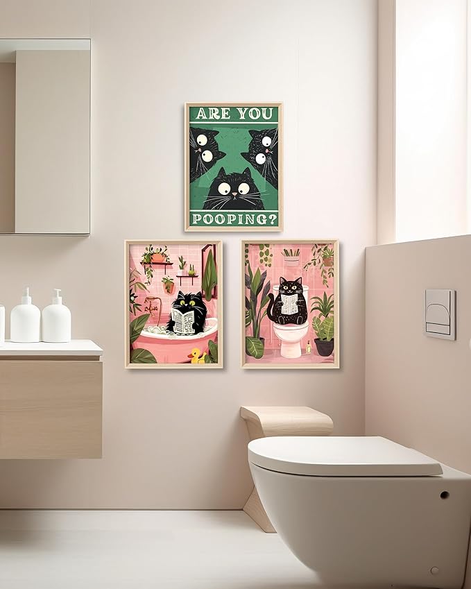 UPWOIGH Funny Cat Bathroom Wall Art, 12"x16" Wood Framed Canvas Decor, Are You Pooping? Black Cat Poster Set of 3, Cute Reading and Bathing Humor Prints for Kids Room Bedroom, Fun Gift Idea