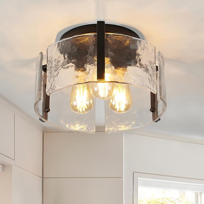 Black Semi Flush Mount Ceiling Light Fixture, 3-Light Modern Hallway Light Fixtures Ceiling Mount, Foyer Kitchen Lighting Fixtures Ceiling Lights for Bedroom, Bathroom, Laundry Room, Entryway, Hallway