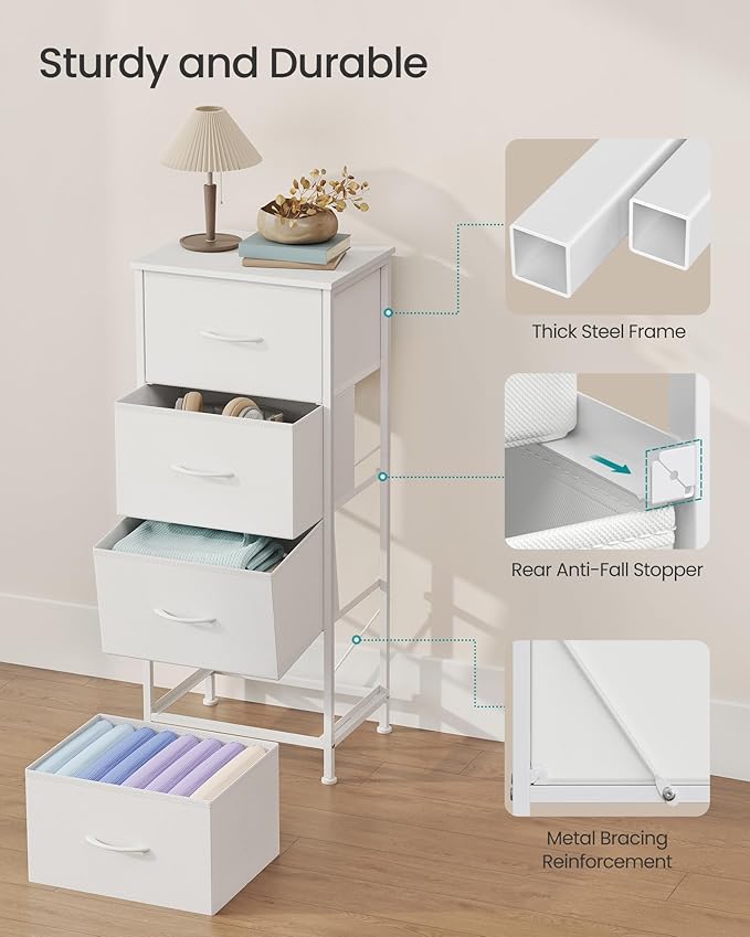 SONGMICS Dresser for Bedroom, Chest of Drawers, Steel, MDF, 4 Non-Woven Fabric Drawers, Storage Organizer Unit, Closet, Entryway, Cloud White and Snow White ULGS314W01S