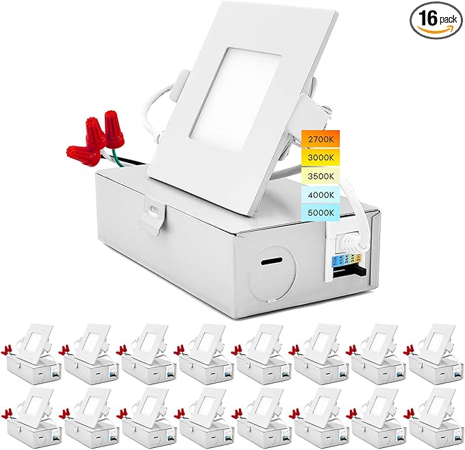 LUXRITE 16 Pack 3 Inch Square Ultra Thin LED Recessed Light with Junction Box, 8W, CCT Color Selectable 2700K | 3000K | 3500K | 4000K | 5000K, Dimmable Wafer Light, 540 Lumens, Energy Star, IC Rated