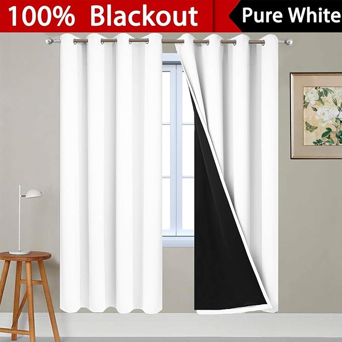 Yakamok Pure White Total Blackout Curtains, Heavy Duty Lined Blackout Drapes 72 Inches Long, Thermal Insulated Room Darkening Curtains for Bedroom(52" Width Each Panel, 2 Panels)
