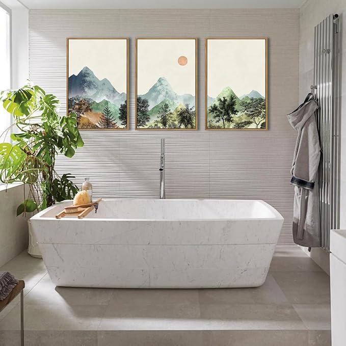 ANHUIB Mountain Wall Art 16x24 Inch Watercolor Landscape Wall Decor Sun Forest Painting Minimalist Pine Tree Artprint Nature Illustration Set of 3 for Living Room Dining Room Office