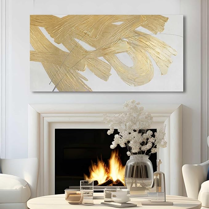 Gold Abstract Wall Art White and Gold Modern Framed Painting Texture Artwork for Living Room Office Dining Room Pictures 24x48 Inch Hand Painted