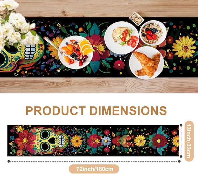 ANNA QUEEN Flowers Table Runner 13 x 72 Inch for Dining Table, Table Runner for Spring & Holiday Dining Decor Indoor Outdoor Party Home Table Decoration (Skull)