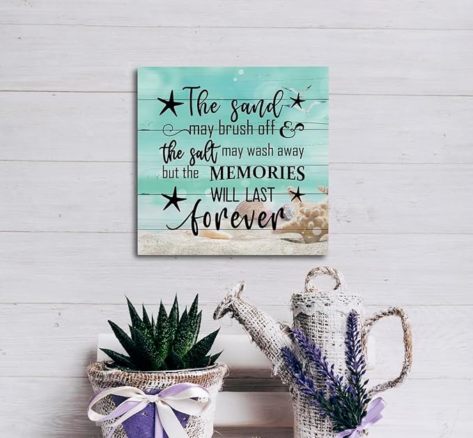 Beach Wood Sign, “The Sand May Brush Off the Salt May Wash Away but the Memories Will Last Forever”, Wooden Plaque Table Art Sign, Ocean Theme Home Decorations, Coastal House Decor, Family Sign