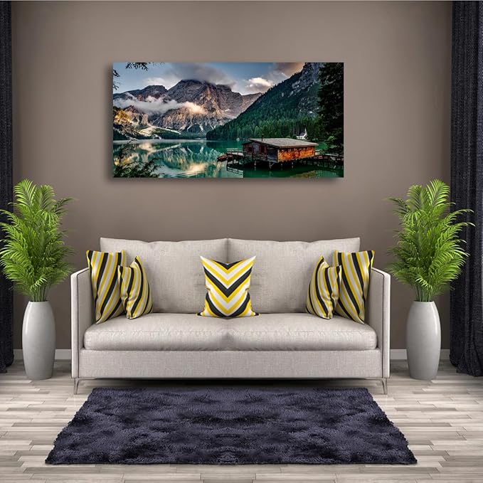 Green Lake Mountain Pictures Canvas Wall Art for Living room Bedroom Wall Decor, Mountain Wall Art Print Paitnings for home Decor,Morden Artwork House in the lake Landscape Canvas Art
