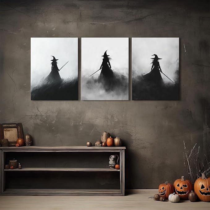 Vintage Witch Canvas Wall Art Halloween Pictures Black and White Living Room Wall Decor Dark Gothic Witches Paintings Witchy Home Decorations Spooky Posters Prints Artwork for Bedroom 12x16" 3Pcs