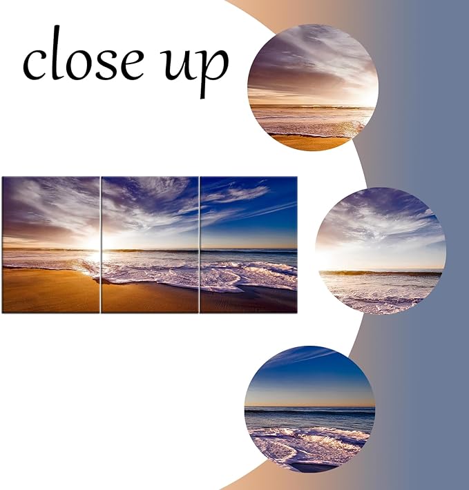 Landscape Wooden Framed Canvas Wall Art Beach Sunset Posters Print Summer Seascape Painting Artwork for Modern Home Living Room Dinning Room Hotel Picture Wall Decoration Ready to Hang [60''W x 28''H]