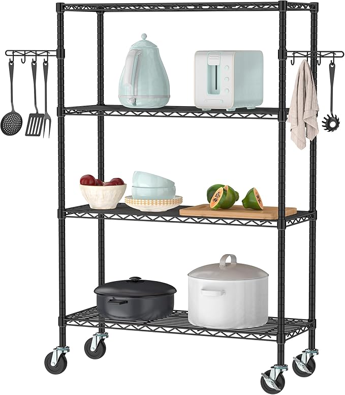 Wire Shelving on Wheels, 4-Tier Metal Rolling Storage Shelves Adjustable Steel Rack Organizer, Standing Wire Industrial Shelving for Kitchen Garage Pantry Office (4-Tier Shelf)