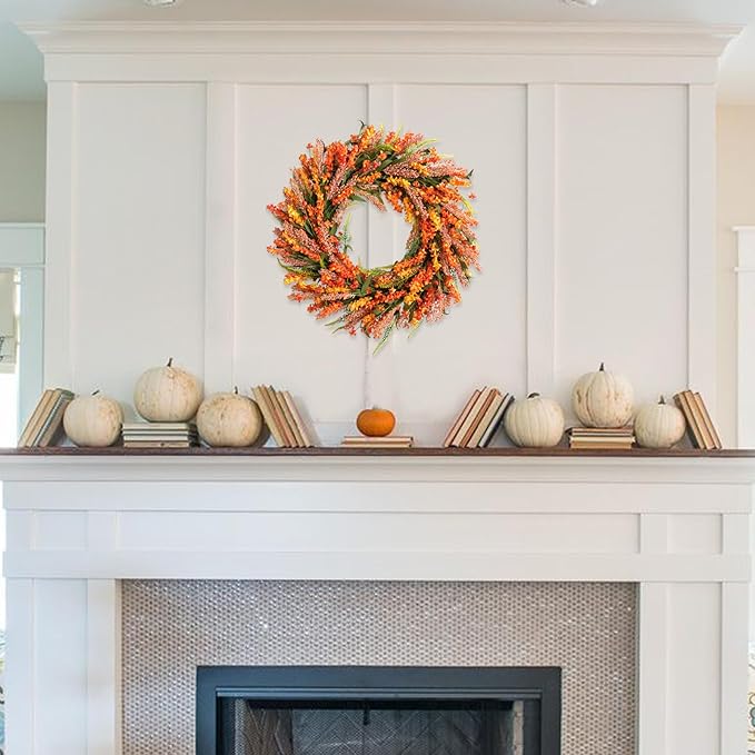 26 Inch Fall Flower Wreath for Front Door, Autumn Yellow Orange Forsythia Flower Indoor Outdoor Wreath with Berries Foam Leaves