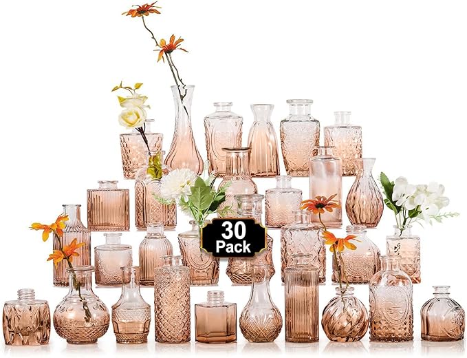 Arme Glass Bud Vase Set,30Pcs Small Glass Vase for Flowers, Clear Bud Vase in Bulk，Mini Single Vintage Vase for Centerpiece，Vases Bulk for Rustic Wedding Decor，Home Table Flower Décor(Amber)