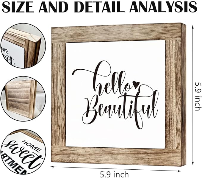 Hello Beautiful Sign, Rustic Wood Sign, Bathroom Decor Set, Wooden Box Signs for Home Decors, Modern Farmhouse Decor for Shelf Tabletop Desk, Housewarming Decors, Bathroom Box Signs B6-122