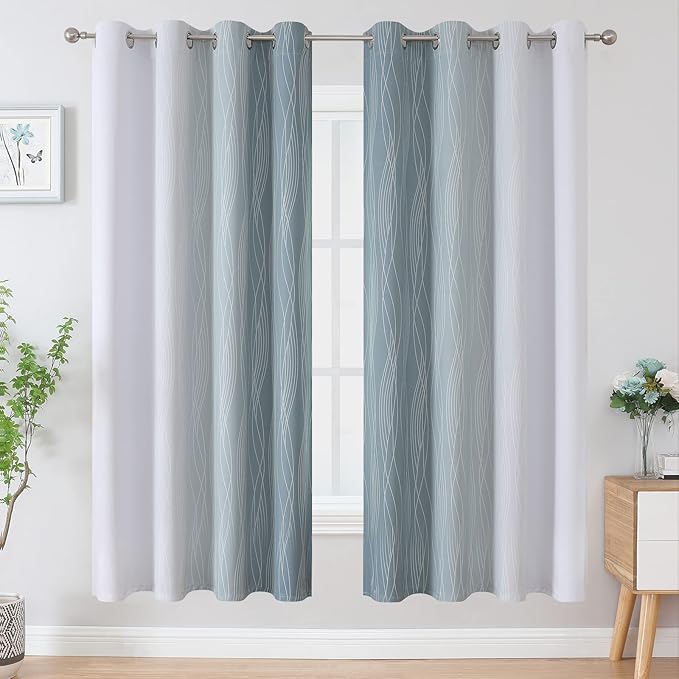 Estelar Textiler Stone Blue and Greyish White Blackout Curtains 72 Inch Length 2 Panels Set, Room Darkening Grommet Ombre Curtains for Bedroom, Thermal Insulated Light Blocking Gradient Drapes,52Wx72L