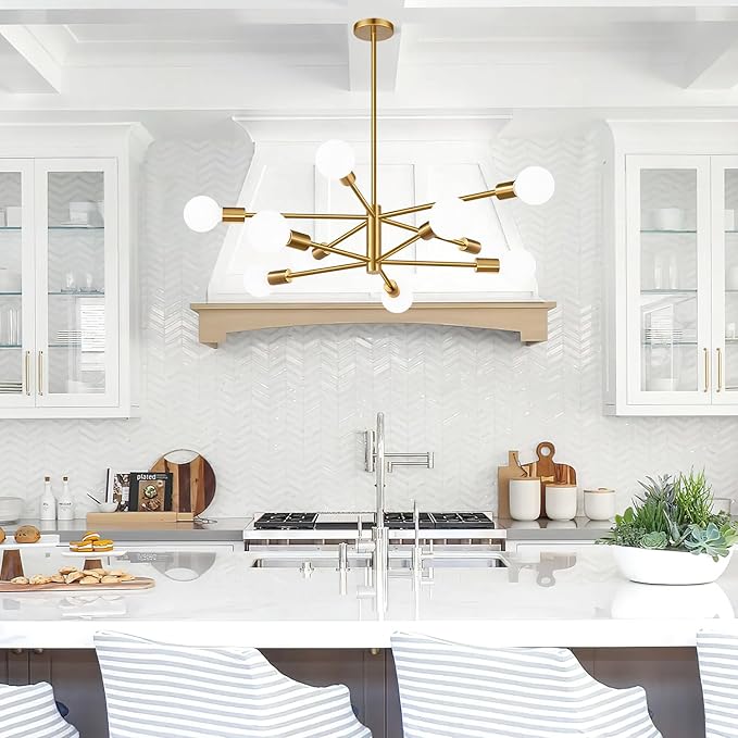 Sputnik Chandeliers Dining Room Light Fixture (10-Light, 33-Inch), Modern Gold Chandelier, Height Adjustable Mid Century Modern Chandeliers for Bedroom Kitchen Entryway