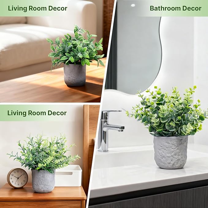 FGSAEOR Mini Potted Fake Plants, Small Artificial Greenery Realistic Plants Topiaries, Low Maintenance, for Home Office Shelf Desk Farmhouse Room Coffee Table Decor (3-Pack) (Grey (Round Pot))