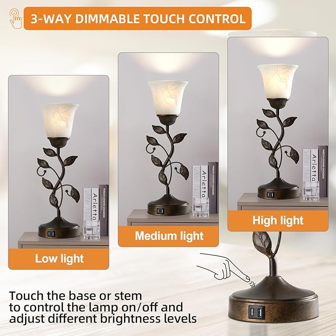RORIANO Touch Bedside Table Lamp, Vintage Nightstand Lamp with 2 USB Ports for Living Room, 3 Way Dimmable Leaf Lamp Retro Table Lamp for Bedroom with White Glass Shade, LED Bulb Included