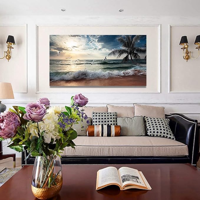 Yxbhhym Beach Wall Art Picture for Living Room Ocean Sunset Canvas Wall Decor Paintings Sea Poster Seascape Print Art Palm Artwork for Wall Art Bedroom Office Decoration Framed- 20x40inches