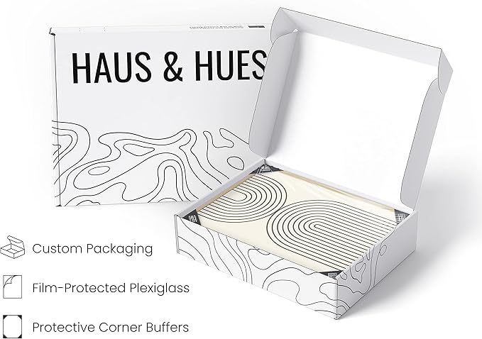 HAUS AND HUES Neutral Wall Art Prints for Wall Decor - Boho Art Wall Prints Mid Century Modern Decor Line Art and Geometric Wall Decor Black Semi Circles Reflected (24x36 Framed Beige)