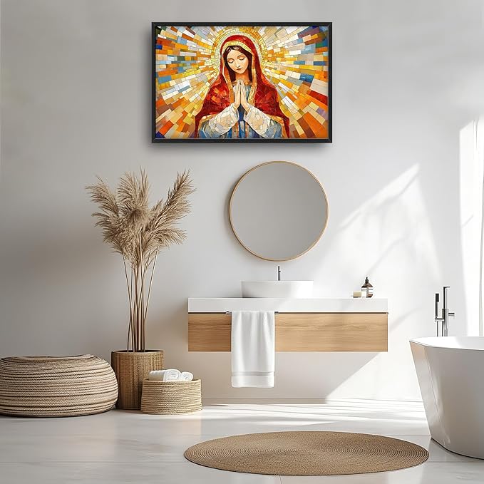 Virgin Mary Wall Art for Living Room, Our Lady of Guadalupe Canvas Wall Decor, Large Jesus Mother Pictures Framed Painting, Catholic Spiritual Artwork for Bedroom Office Home Decor 36L'' × 24W''