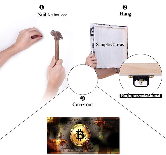 Office Artwork Wall Decor Motivational Burning Bitcoin and Dollars Creative Artwork Office Modern Home Wall Art Work Positive Money Canvas Wall Pictures Posters for Study Room Gym Framed-40"Wx20"H